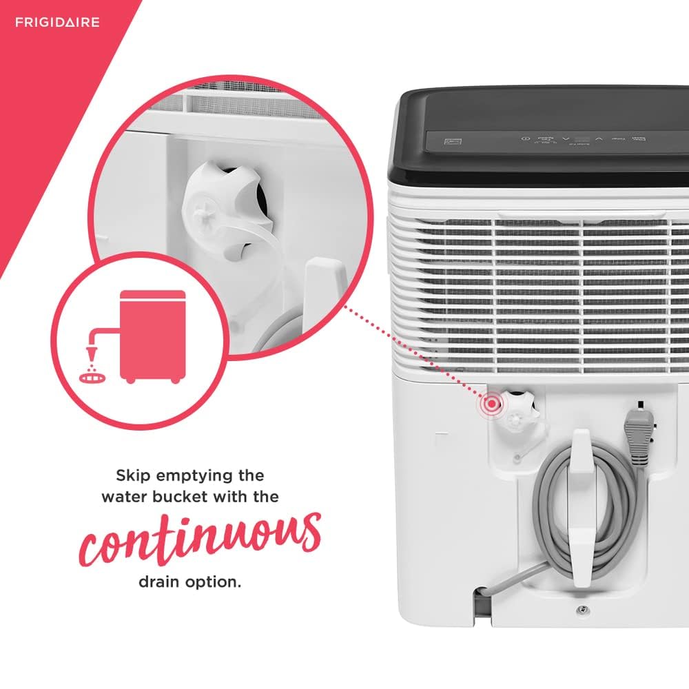 Frigidaire 22 Pint Dehumidifier. 1,500 Square Foot Coverage. Ideal for Small Rooms. 1.7 Gallon Bucket Capacity. Continuous Drain Option