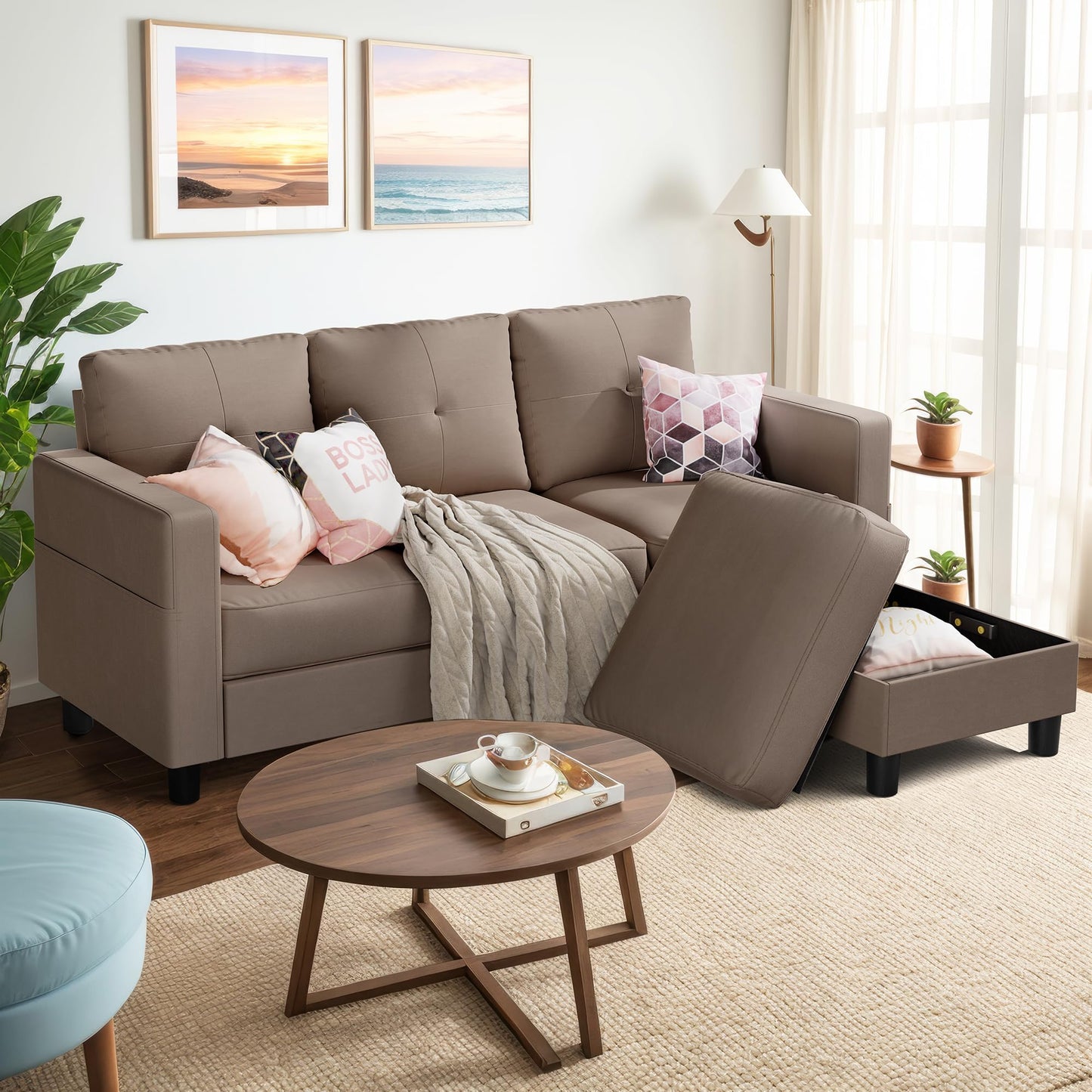 Shintenchi Convertible Sectional Sofa Couch, Modern Linen Fabric L-Shaped , 3-Seat Sofa Sectional with Reversible Chaise for Small Living Room, Apartment and Small Space (Chocolate)
