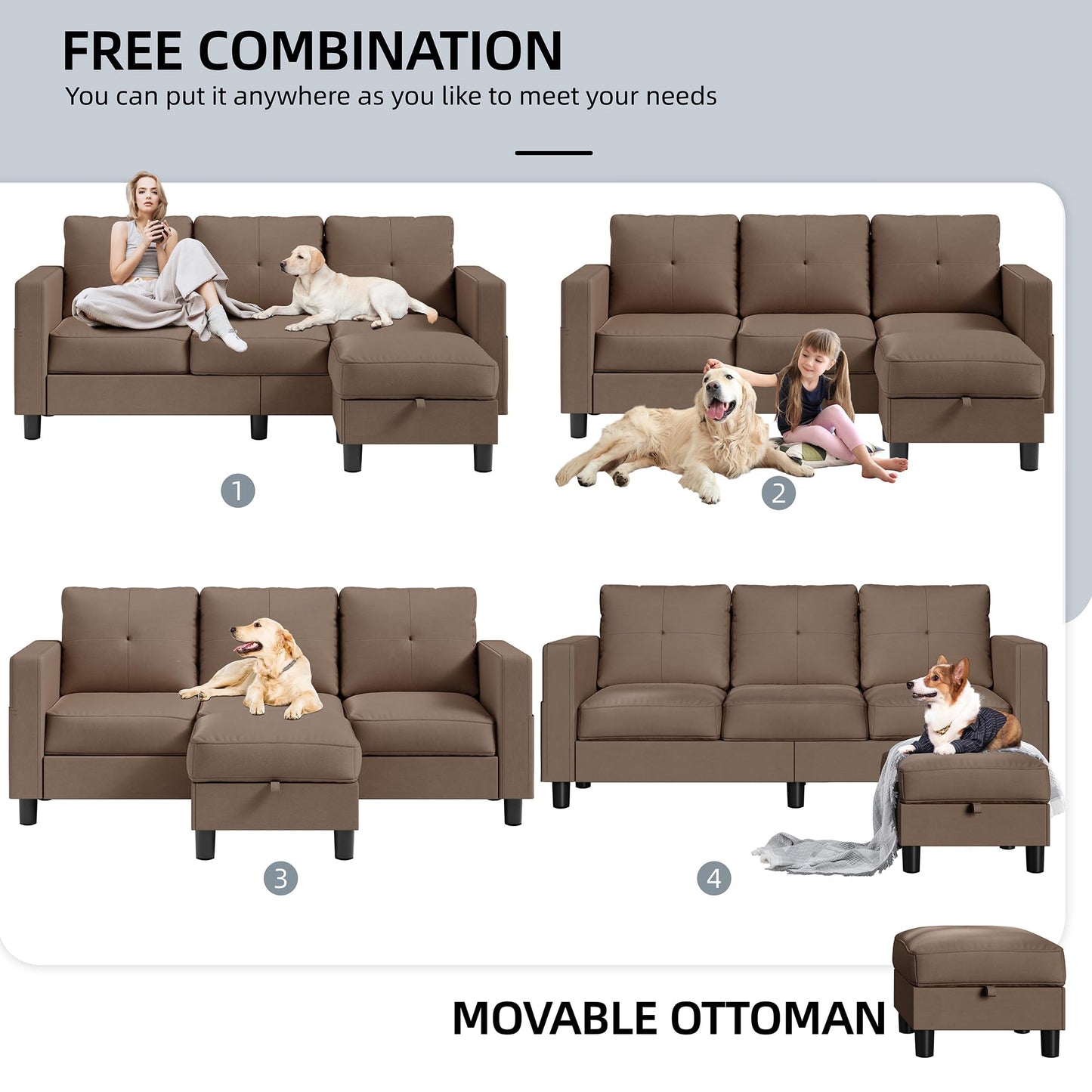 Shintenchi Convertible Sectional Sofa Couch, Modern Linen Fabric L-Shaped , 3-Seat Sofa Sectional with Reversible Chaise for Small Living Room, Apartment and Small Space (Chocolate)