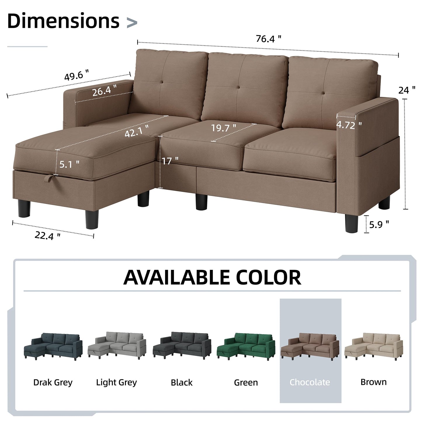 Shintenchi Convertible Sectional Sofa Couch, Modern Linen Fabric L-Shaped , 3-Seat Sofa Sectional with Reversible Chaise for Small Living Room, Apartment and Small Space (Chocolate)