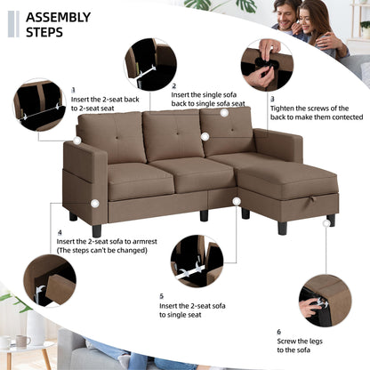 Shintenchi Convertible Sectional Sofa Couch, Modern Linen Fabric L-Shaped , 3-Seat Sofa Sectional with Reversible Chaise for Small Living Room, Apartment and Small Space (Chocolate)