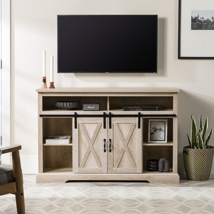 Walker Edison Clayton Farmhouse Sliding Double Barn Door TV Stand for TVs up to 58 Inches, 52 Inch, White Oak