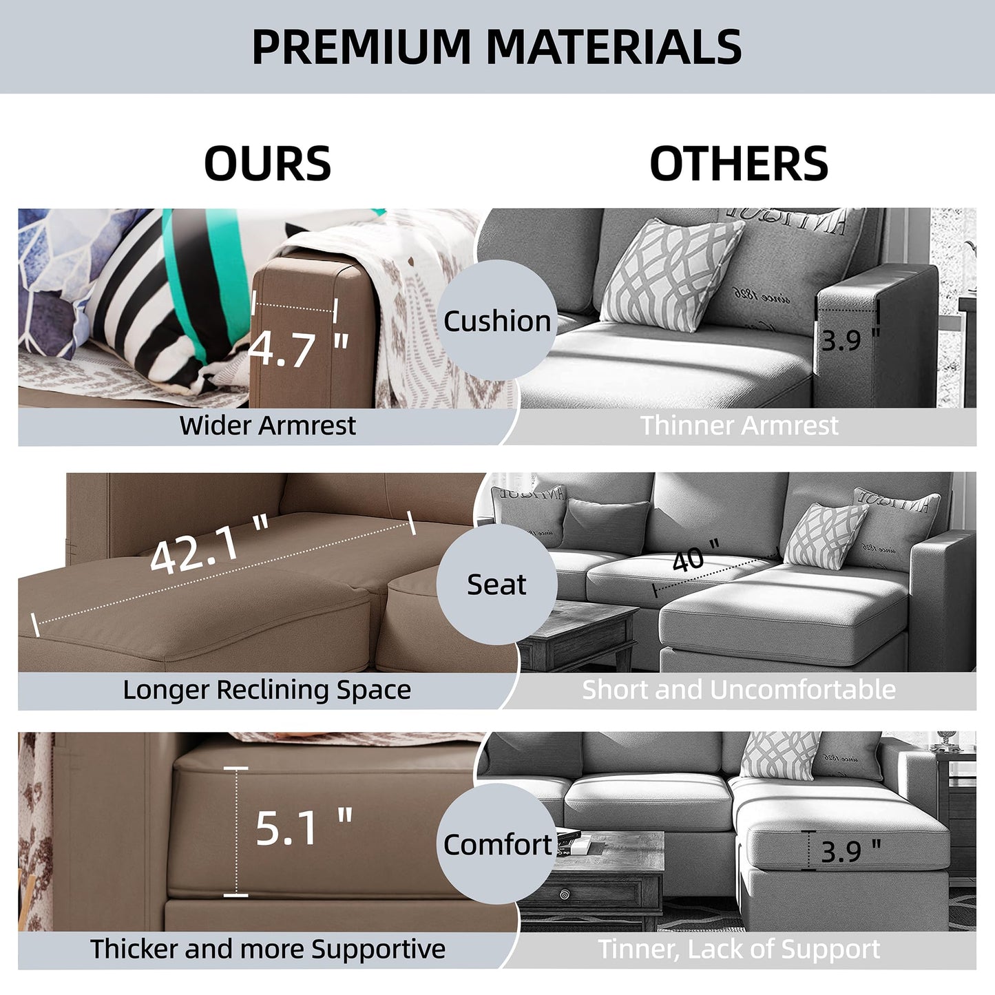 Shintenchi Convertible Sectional Sofa Couch, Modern Linen Fabric L-Shaped , 3-Seat Sofa Sectional with Reversible Chaise for Small Living Room, Apartment and Small Space (Chocolate)