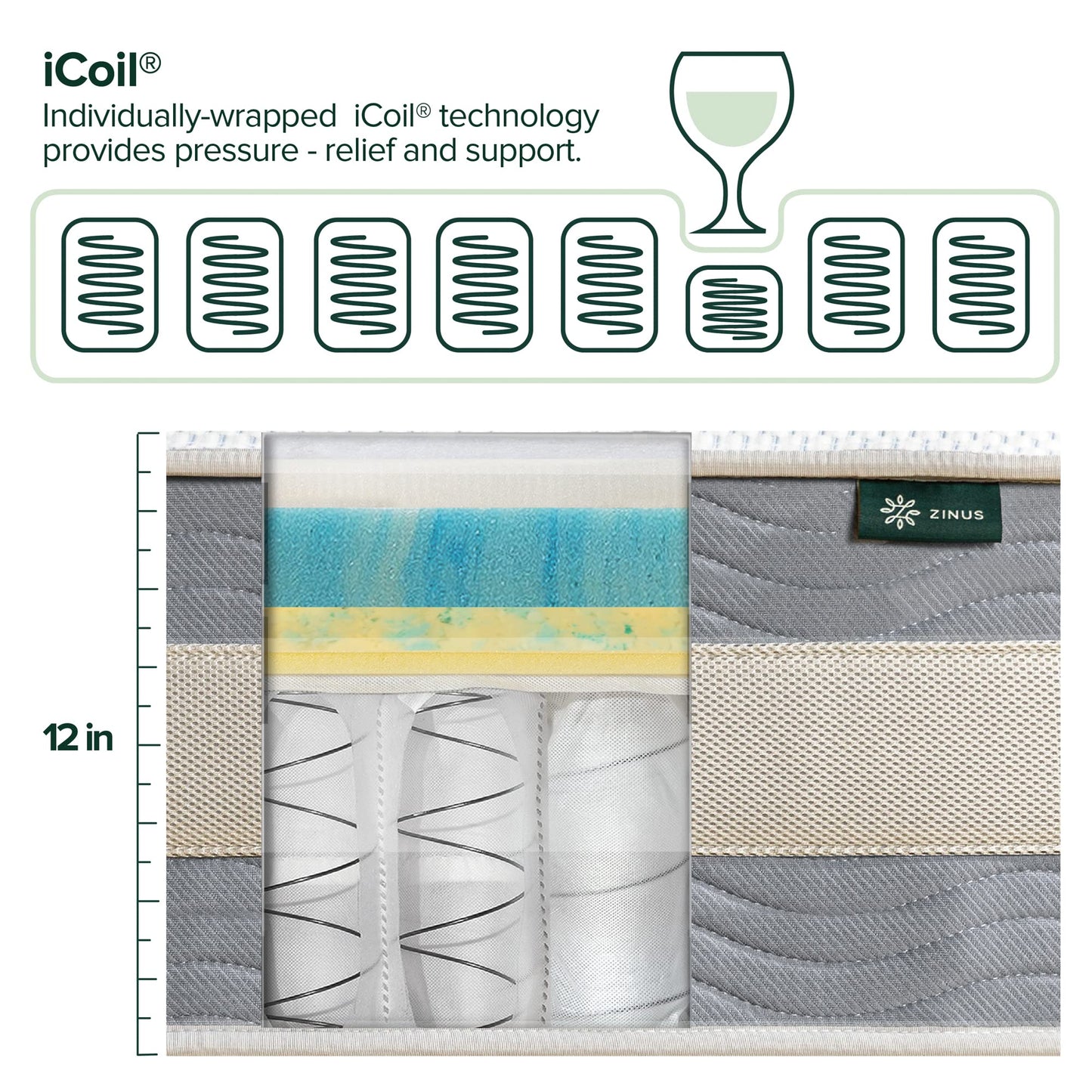 Zinus 12 Inch Green Tea Cooling Gel Memory Foam Hybrid Mattress / Pocket Innersprings for Motion Isolation, Queen