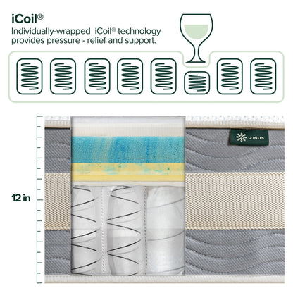 Zinus 12 Inch Green Tea Cooling Gel Memory Foam Hybrid Mattress / Pocket Innersprings for Motion Isolation, Queen
