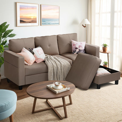 Shintenchi Convertible Sectional Sofa Couch, Modern Linen Fabric L-Shaped , 3-Seat Sofa Sectional with Reversible Chaise for Small Living Room, Apartment and Small Space (Chocolate)