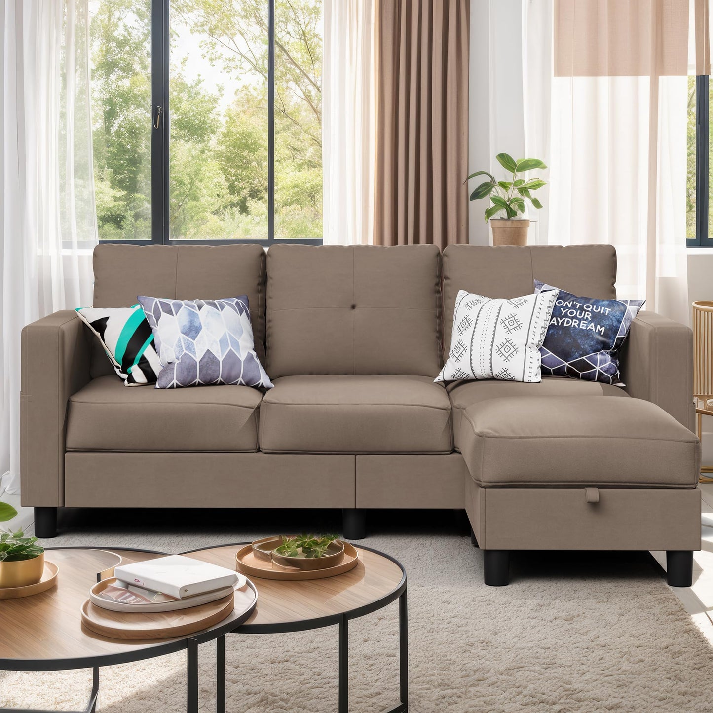 Shintenchi Convertible Sectional Sofa Couch, Modern Linen Fabric L-Shaped , 3-Seat Sofa Sectional with Reversible Chaise for Small Living Room, Apartment and Small Space (Chocolate)