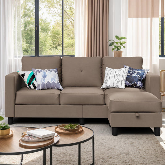 Shintenchi Convertible Sectional Sofa Couch, Modern Linen Fabric L-Shaped , 3-Seat Sofa Sectional with Reversible Chaise for Small Living Room, Apartment and Small Space (Chocolate)