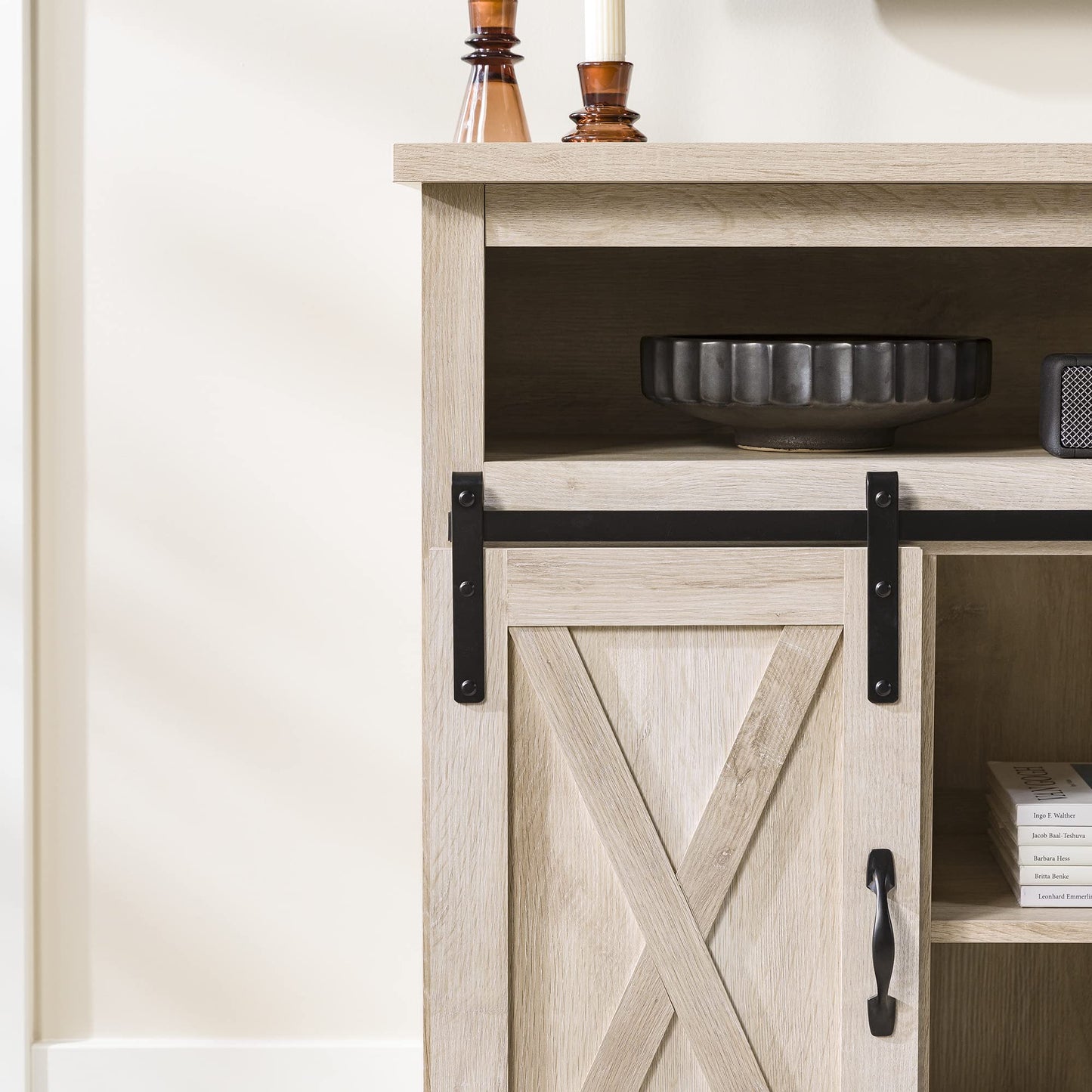 Walker Edison Clayton Farmhouse Sliding Double Barn Door TV Stand for TVs up to 58 Inches, 52 Inch, White Oak